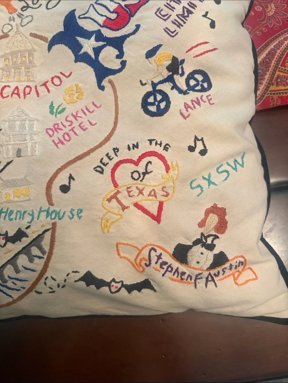 Embroidered Austin-Themed Decorative Throw Pillow - White